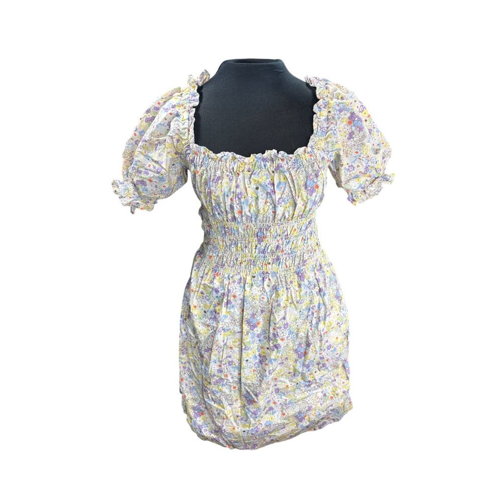 Levis Floral Smocked Mini Dress M Pastel Puff Sleeve Cotton Blend Made In India
